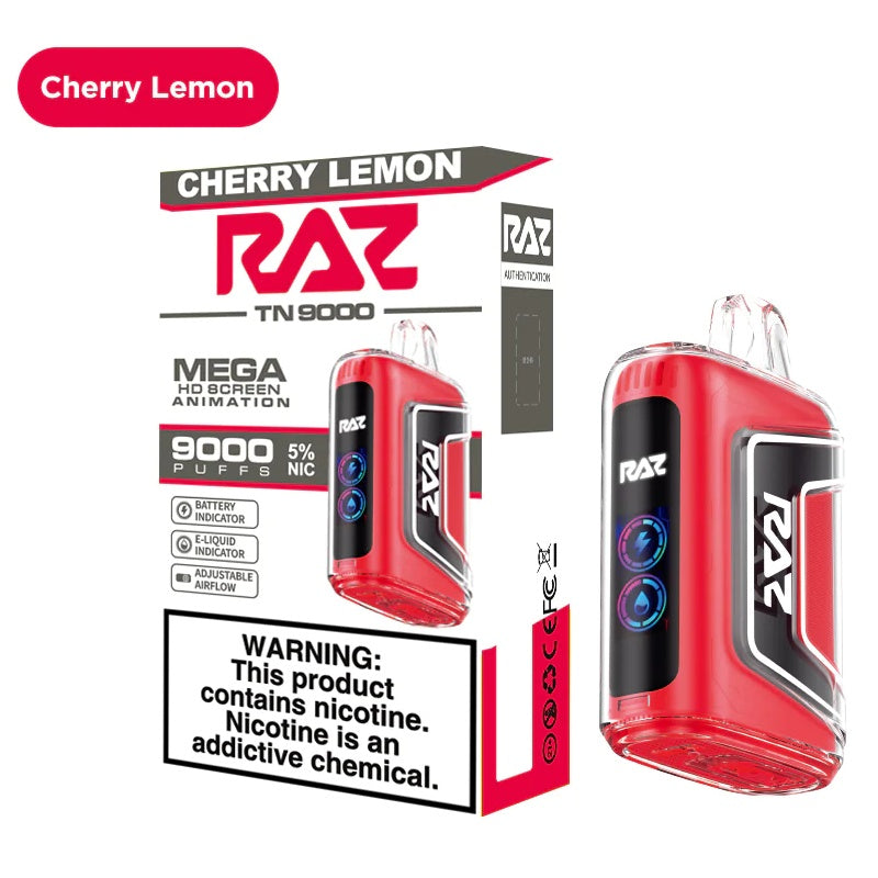 Disposable vape pen in Cherry Lemon RAZ TN9000 flavor with no charging or refilling necessary