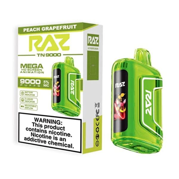 Peach and grapefruit flavored RAZ TN9000 disposable vape with sleek design and long-lasting battery