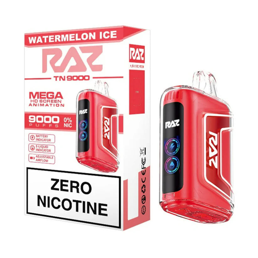 Close-up of RAZ Watermelon Ice Zero Nicotine Vape product with refreshing fruit flavor